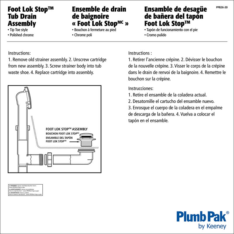 Plumb Pak Keeney PP826-20 Tub Drain Complete Assembly Tip Toe, 5" x 4", Polished Chrome - Image 2